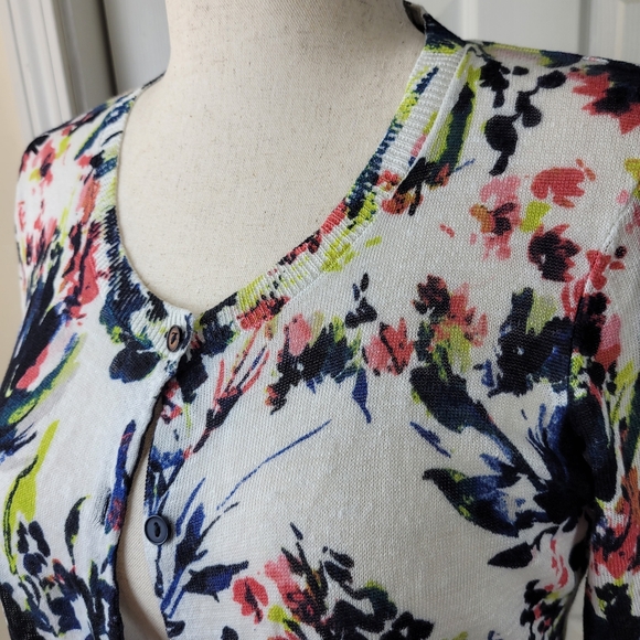 Jones & Co New York women's Cardigan- LARGE- 3/4 Sleeve cream Linen floral print - Picture 8 of 12